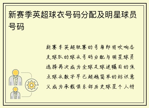 新赛季英超球衣号码分配及明星球员号码